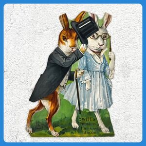 1920s Swift's Premium Hams Vintage Advertising‎ Sign 14.5" Cardboard Rabbits Hat